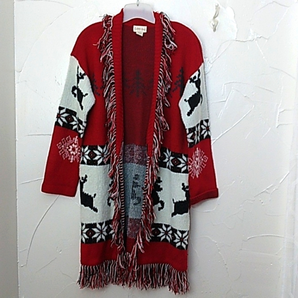 Holiday Long Cardigan Size Med Nordic Stars & Deer All‎ Around Fringe Western